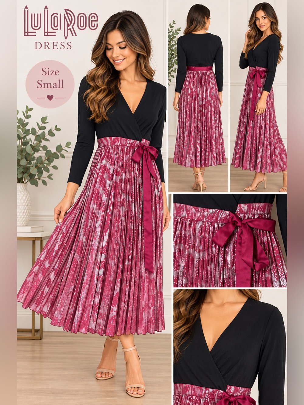 LuLaRoe Women’s Small Black & Pink Metallic Pleated Maxi Dress with Tie Waist
